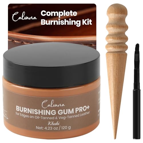 Calvana Khaki Burnishing Gum 4.23 oz, Includes Ebony Edge Burnisher and Applicator Brush, for Edges on Oil-Tanned & Veg-Tanned Leather, Burnishing & Polishing, Water-Based - color: Khaki