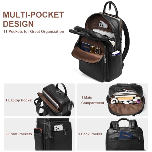 Laptop Backpack for Women 15.6 inch Travel Leather Backpack Purse Work Computer Backpacks for Business College Black - color: Black
