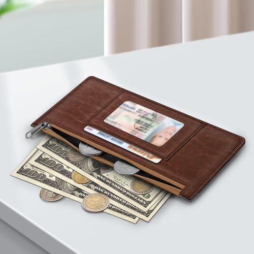 FINTIE Slim Credit Card Wallet Holder Change Pouch | RFID Blocking Business Cards Cases with Zipper Pocket for Cash, Coin, Receipt, Gray Brown - color: Gray Brown