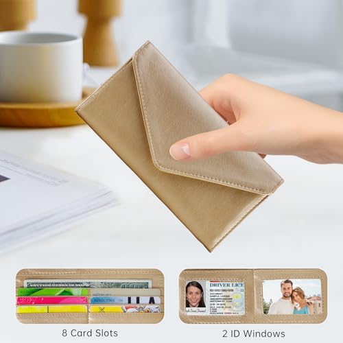 Slim Womens Wallets with Credit Card Slots, Long Envelope Style Anti Theft with 2 ID Windows, Coin Pocket, Champagne - color: Champagne