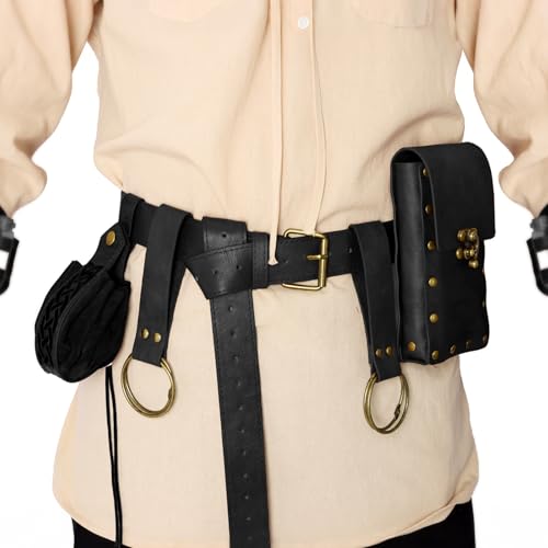 Renaissance Belt Pouch Medieval Pirate Costume Accessories Set for Cosplay | Viking Faux Leather Waist Bag, Skirt Hike Clips, Perfect for Women and Men Ren Faire, LARP, Fantasy, Halloween - color: Black