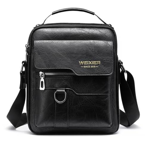 Messenger Bag for Men Crossbody Shoulder Purse Small Vintage PU Leather Satchel Pouch Side Crossover Handbag - color: Men Messenger Bag for Black