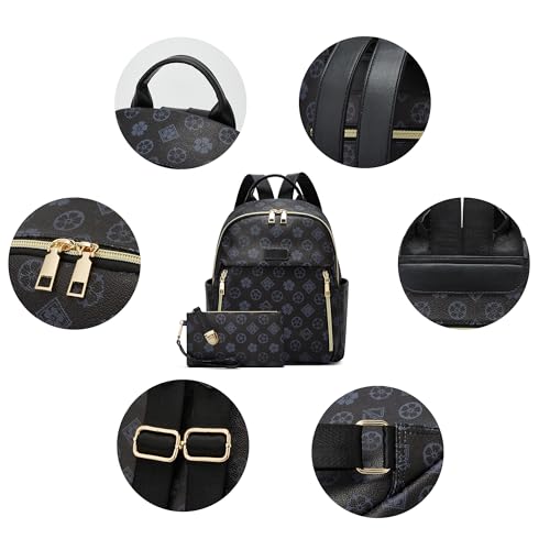 Makes Mini Backpack for Women, Small Casual Backpacks Daily Travel Bag 2pcs | Small Bookbag,Work Travel School PU Leather Shoulder Bag Mochilas Para Mujer Rucksack Gifts for Lady Girls Mother Wife - color: Black Flower