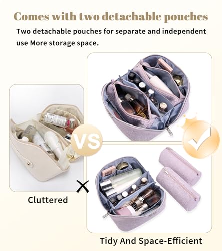 BOYATU Travel Makeup Bags Cosmetic Organizer Bag: 3-Set Large Capacity Make up Bag - PU Leather Toiletry Bags for Women - Wide Open Portable Pouch with Divider & Handle (A-Violet) - color: A-Violet