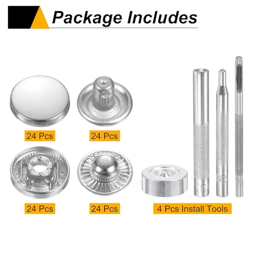 HARFINGTON 24Set Leather Snaps Fasteners Kit 15mm Dia Brass Press-Stud Cap Button 2.76" Length Metal Snap Buttons with 4 Install Tools for Coat Bag Leather Marine Boats Canvas, Silver - color: Silver, size: 15mm