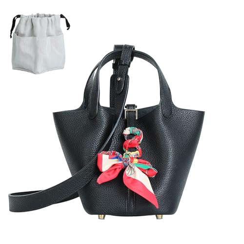 Genuine Leather Bucket Bag with Shoulder Strap, Organizer Insert & Silk Scarf for Women Handbag Tote Bag - color: Black-gold