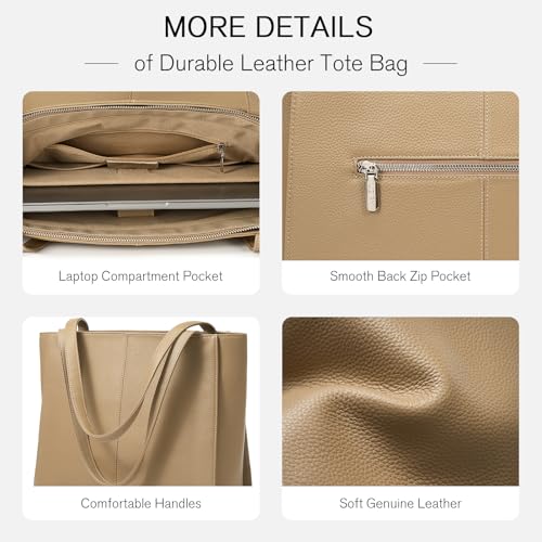 Genuine Leather Tote Bag for Women, Large Womens Shoulder Purses Work | Soft genuine cowhide leather, Large capacity fits 14" laptop compartment, Leather top handles with smooth zipper - color: Taupe