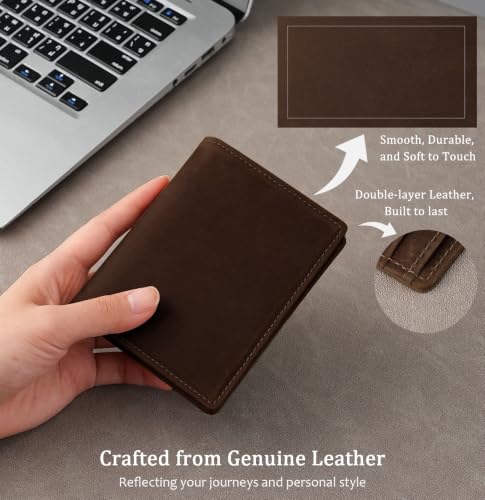 RFID Blocking Vertical Front Pocket Bifold Travel Wallet for Men | Full Grain Leather Wallet with ID Window, 7 Card Slots, 2 Cash Pockets, Minimalist Compact, Gift Box Dark Brown - color: Dark Brown