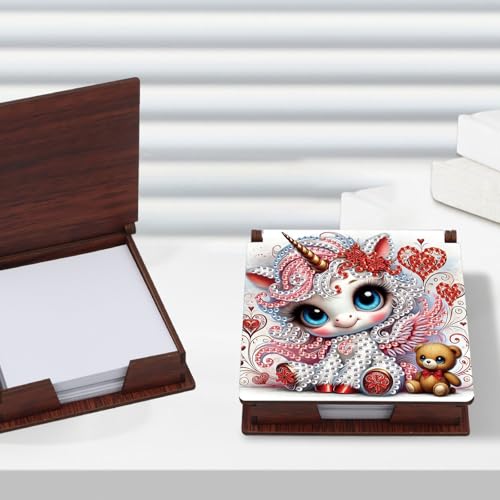 JZHYOAN Diamond Art Note Box for Woman, DIY Wooden Reusable Portable Office Holder Box, Message Paper Mosaic Storage Box for Bedroom Living Room-Unicorn-Contains 160 Sheets of Paper Note Holder
