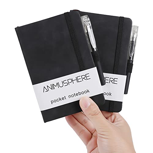 2Pack Pocket Notebook Small Notebook Journal Notebook 4 inches x 5.7 inches 200 Pages Leather Cover With Pen Holder Page Marker Ribbons (Black-withpen) - color: Black-withpen