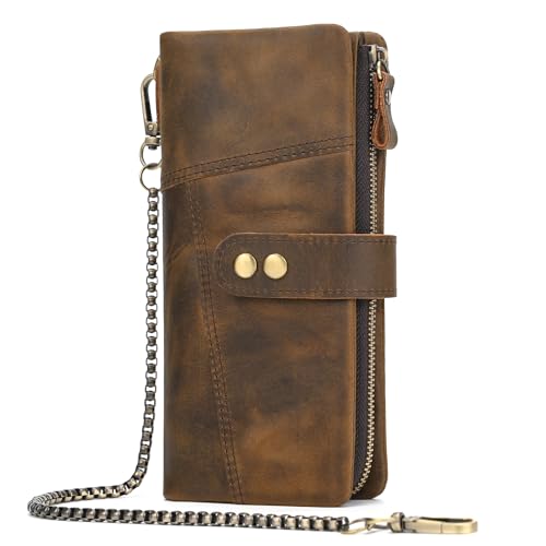 Motorcycle Chain Wallet for Men Tri-fold Long Biker Wallet with Heavy Duty Chain for Bikers Truckers Hunters - color: 50-Brown
