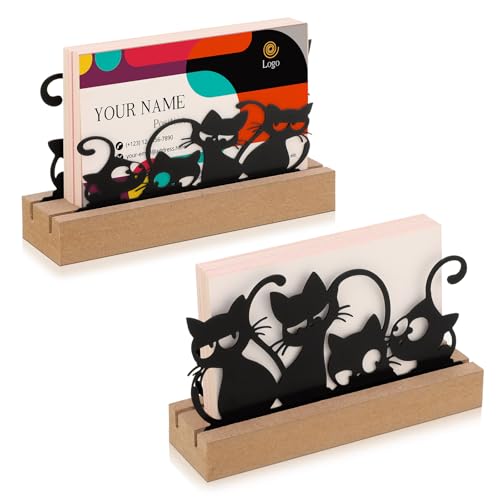 CroBlissful 2 Pcs Cat Business Card Holders for Desk, Wood & Metal Black Funny Business Card Display Cats Silhouette Stand for Home Office - size: Wood, style: Black Cat