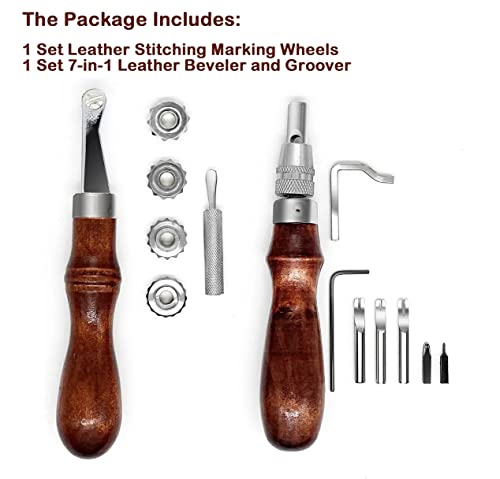 Leather Groover Beveler and Leather Stitching Overstitch Wheels Mark Spacer Set, Leathercraft Sewing Embossing Tool Set