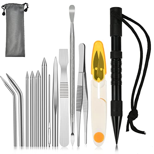 BUYGOO 14Pcs Paracord Stitching Set Stainless Steel Lacing Needles FID Knotter Tools with Marlin Spike Storage Bag for Paracord Fids DIY Craft (Black)