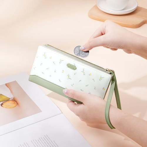 Womens Wallet Ultra Slim Floral Long Bifold Wallet for Women Card Holder with Zipper Pocket - color: C01 Green