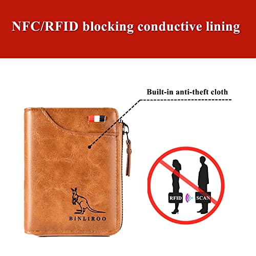 Leather Wallet for Men with zipper, RFID blocking bifold wallets with Separate ID Card window Cartera Para Hombre(khaki) - color: khaki