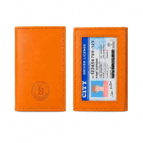 LB LEATHERBOSS Slim Thin Leather Credit Card Triple ID Window Mini Wallet Bifold Driver License Safe (Orange) - color: Orange