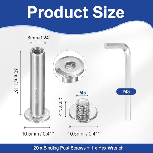 PATIKIL M5x5mm Hex Chicago Screws 6x30mm, 20Pcs 304 Stainless Steel Metric Hex Drive Socket Cap Binding Post Screw Posts for Scrapbook Leather Belt Album Furniture Repair, Silver - size: M5x5mm, 6x30mm