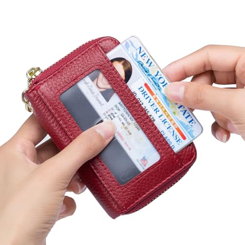 imeetu Rfid Credit Card Holder, Businese Card Case, Wallet for Women Men | Genuine Leather Card Wallet with id Window, Keychain & Double Zipper, Water-resistan Small Wallet with Gift Box, Daily Travel - color: Max - Red