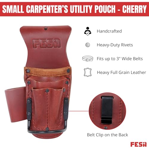 FESA Tool Belt Hammer Holder - Leather Multitool, Pliers & Hammer Holster with Pockets for Drill Bits or Markers - Heavy Duty Small Tool Pouch for Carpenters - Clip On Any Belt - Handcrafted - color: Cherry