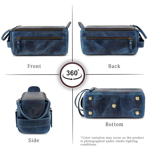 Premium Handmade Leather Toiletry Bags for Men and Women, Genuine Leather Dopp Kit and Shaving Bag for Men, Travel Cosmetic Bag for Women's and Men's, Zipper Pocket, Navy - color: Navy Blue (Large)