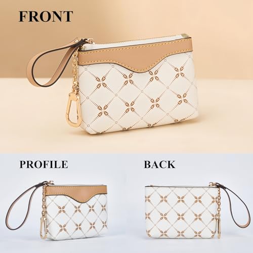 Printed Coin Purse with Key Chain & Finger Loop for Women (White) | Water-resistant faux leather change purse, sturdy zipper & metal hook holds coins, cards & keys for daily use, travel & gift - color: White