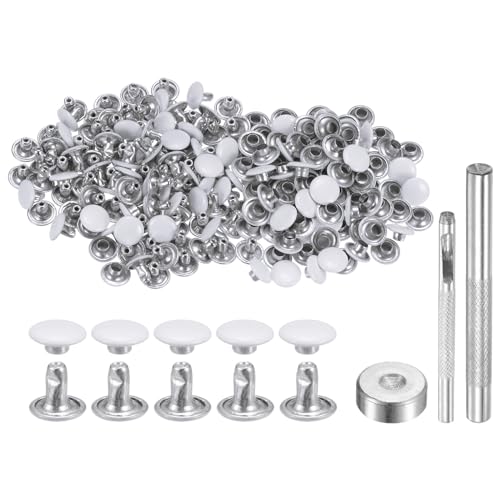 HARFINGTON 100 Sets Leather Rivets 8mm x 6mm Metal Double Cap Rivet Snaps Studs Fasteners with 3pcs Setting Tools Rivets for Leather Craft DIY Repair Decoration, White - color: White, size: 8mm x 6mm