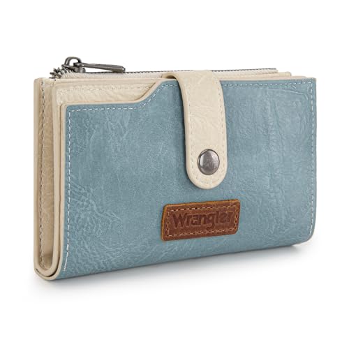 Wrangler Wallet for Women Bifold Card Holder with Zipper and ID Window - color: Tan-Jeans Blue