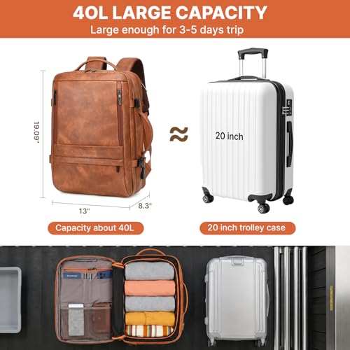 Travel Backpack Women, PU Leather Carry On Backpack Flight Approved, Brown | 40L, Laptop Compartment, Expandable, Personal Item Travel Bag, for Traveling Weekender Business - color: Brown