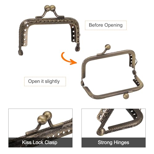uxcell 4 Pcs Metal Purse Frame, 7.5cm/3" Retro Rectangle Kiss Lock Clasp Frame Embossed for Purse Making, Handled Bag, Coin Bag Clutch Bag, Frame Hardware Replacements (Bronze) - size: 3"