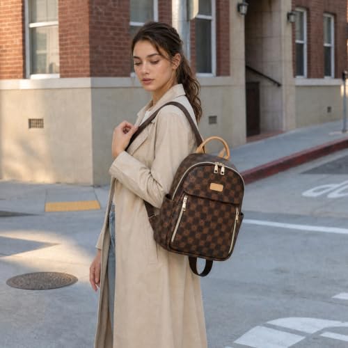 Makes Mini Backpack for Women, Small Casual Backpacks Daily Travel Bag 2pcs | Small Bookbag,Work Travel School PU Leather Shoulder Bag Mochilas Para Mujer Rucksack Gifts for Lady Girls Mother Wife - color: Checkered Coffee