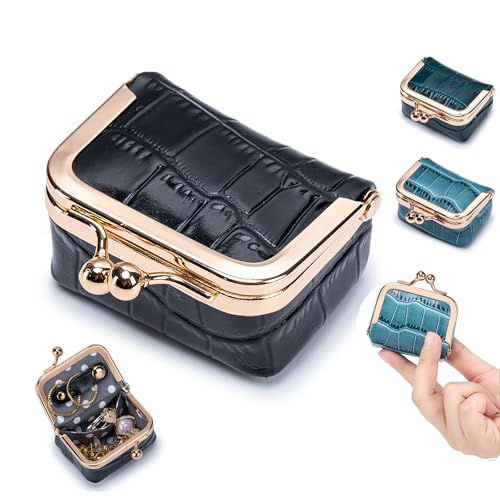 Genuine Leather Mini Jewelry Box & Coin Purse for Women, Travel Jewelry Case with Kiss Lock, Holds Earrings, Rings, Necklace, Bracelet, Coins (Black Crocdile Pattern) - color: Black - 2.5in - Crocodile Pattern