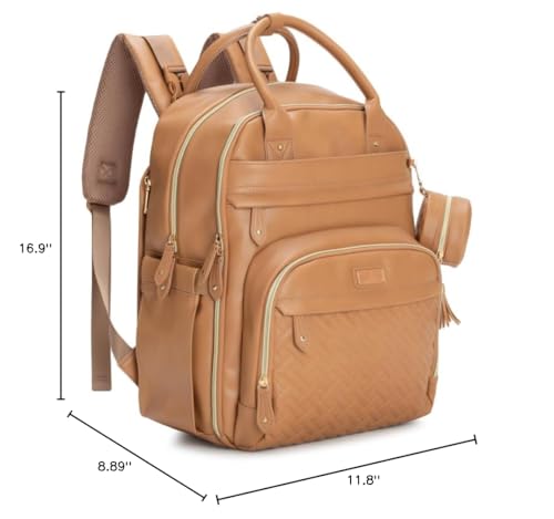 BabbleRoo Leather Diaper Bag Backpack - Baby Essentials Travel Baby Bag, Multi function, Water Resistant, with Changing Pad, Stroller Straps & Pacifier Case – Unisex, Light Brown - color: Vegan Leather Light Brown, size: Large