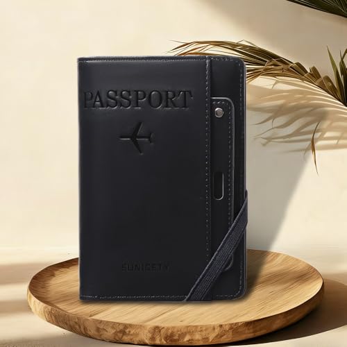 2 Pack Oil Wax Leather Passport Holder, Cross Strap RFID Blocking Travel Wallet, Slim Card Organizer, Document Case for Travelers and Business Trips, Black
