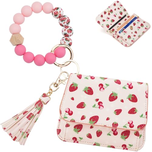 Keychain Wallet for Women,RFID Wristlet Wallet with Beaded Strap | Tri-Fold Design,6 Card Slots,ID Window,Zipper Coin Pocket,Lightweight Carry - color: Strawberry