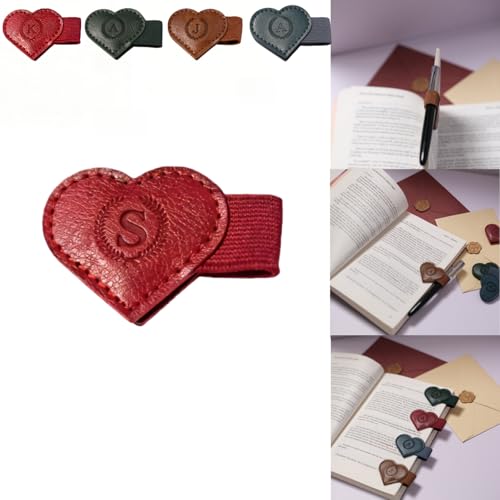 Magnetic Leather Bookmarks with Pen Holder, 26 Letters Name Initial Custom Personalized Heart-Shaped Book Marks for Book Lover Readers, Bygone Cute Leather Bookmark Gift for Women,Girls (Red,S) - color: Red, size: S
