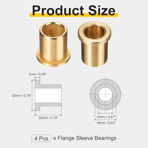 uxcell 4Pcs Flange Sleeve Bearings, 12mm Bore x 16mm OD x 20mm Length, Self-Lubricating Sintered Bronze Bushings - size: 12x16x20mm