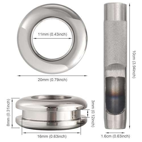 4 Sets Brass Grommets Kit Eyelets and Grommets 11mm Inside Hole Size with 16mm Leather Hole Punch Tool Handbag Purse Hardware Screw Grommets for Repair and Making Leather Crafts (Silver) - color: Silver