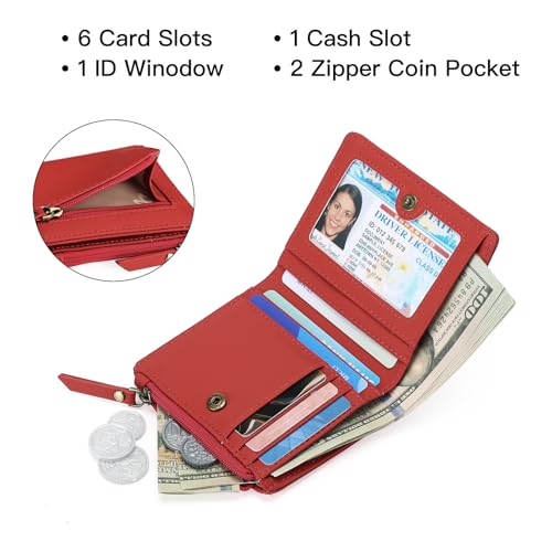 GOIACII Small Women's Wallet Compact Bifold Credit Card Holder Mini Ladies Purse with 2 Zipper Coin Pockets - color: D02 Red