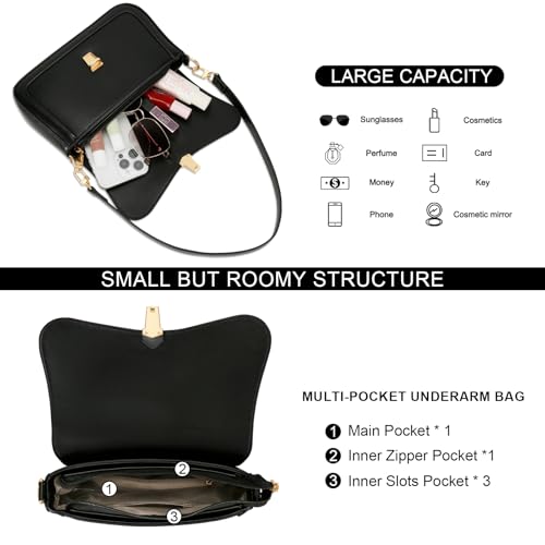 KKXIU Small Shoulder Bag for Women Cute Hobo Handbags Mini Clutch Purses | Classic Trendy Retro Underarm Crossbody Bag with Detachable Straps, Zipper Closure - color: Black