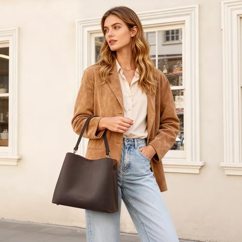 S-ZONE Leather Crossbody Bags for Women Medium Bucket Purses with 2 Straps | Top Grain Leather, Shoulder Handbag, Multi Compartments, Roomy Capacity, Bottom Rivets, for Travel or Daily - color: Dark Brown