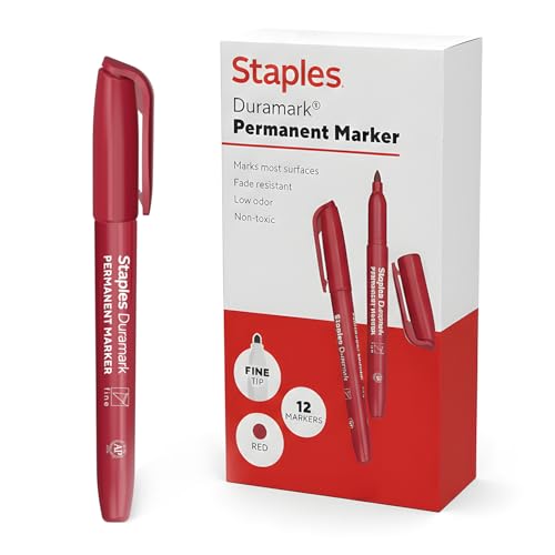 Staples Duramark Permanent Markers, Fine Tip, Red, 12-Pack | Bold markers for office, warehouse, and inventory labeling tasks. - color: Red, size: 12 Pack, style: Fine