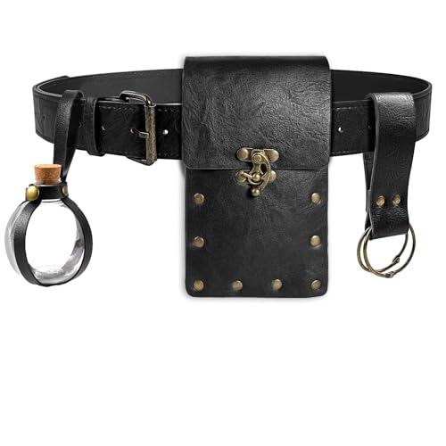 Renaissance Belt Pouch Waist Bag Steampunk Pouch Medieval Leather Belt Skirt Hikes Set, Retro Renaissance Accessories for LARP Cosplay Costume Christmas Gifts (1Bottle-Black) - color: 1bottle-brown