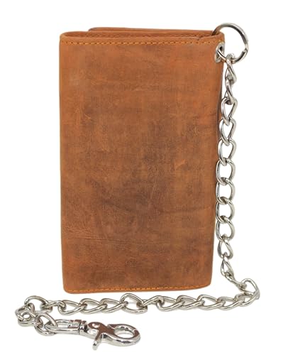 RFID Blocking Mens Tri-fold Long Style Crazy Horse Leather Steel Chain Wallet, (Skull Tan) - color: Skull Tan