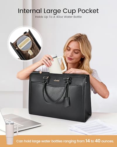 LOVEVOOK Laptop Tote Bag for Women, Large Work Computer Bag with Cup Holder - color: Leather/Black, size: 15.6 Inch