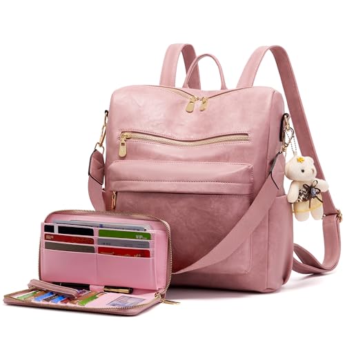 Soperwillton Women Backpack Purse Shoulder Handbags Travel Bag Set 2pcs | Soft PU Leather,Large Capacity,Many Pockets,with a Functional Wallet,with a Detachable Shoulder Strap,Multipurpose Design - color: Pink