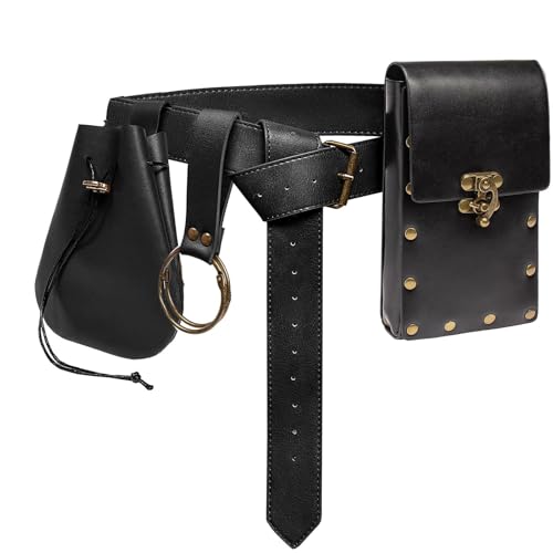 SUMGOGO Retro Belt Pouch Waist Bag Womens Fanny Pack Cellphone Holder Steampunk Medieval Renaissance Purse Costume Accessory - color: Tri-Black