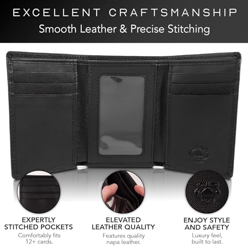 Stealth Mode Trifold Leather Wallet for Men with RFID Blocking | Black Crunch Top Grain Napa Leather, 9 Card Slots, ID Window, Gift Box – Gift for Dad, Husband, or Son - color: Black Crunch