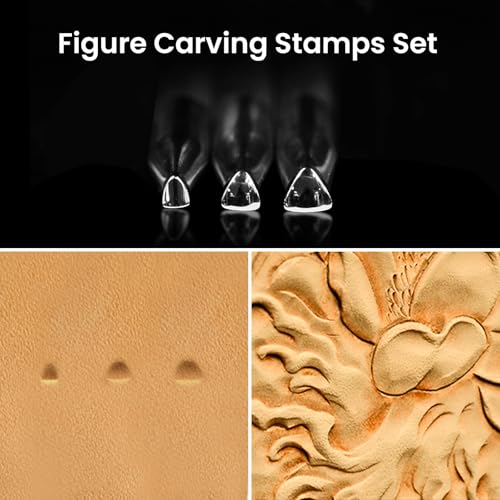 Professional Figure Carving Stamps Set of 3-304 Steel Leathercraft Stamping Tool & Diamond Knurled Handle (7.4mm/5.5mm/2.8mm) for Portrait, Animal, Floral Leather Sculpting