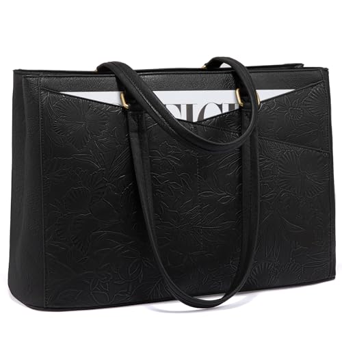 LOVEVOOK Laptop Tote Bag for Women,Leather Work Computer Briefcase Bag - color: Black, size: 15.6 inch